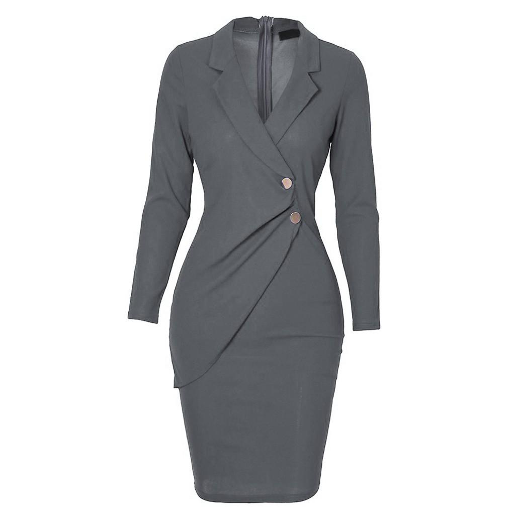 Women Solid Turn Down Neck Long Sleeve Casaul Work Formal Dress