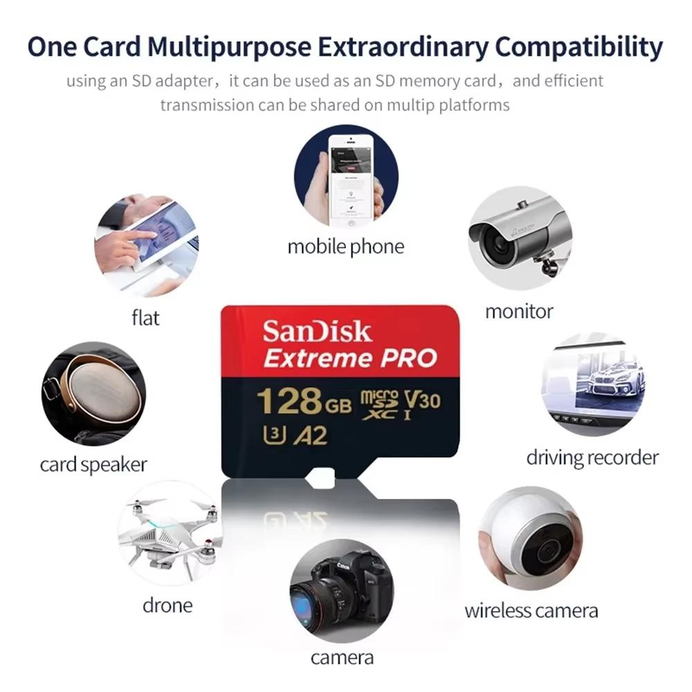 SanDisk Scheda Extreme Pro 256GB Scheda Micro SD Scheda di Memoria SDXC UHS-I 128GB 512GB 64GB 32GB U3 V30 Schede Flash TF Scheda di Memoria Adattatore per Fotocamera DJI