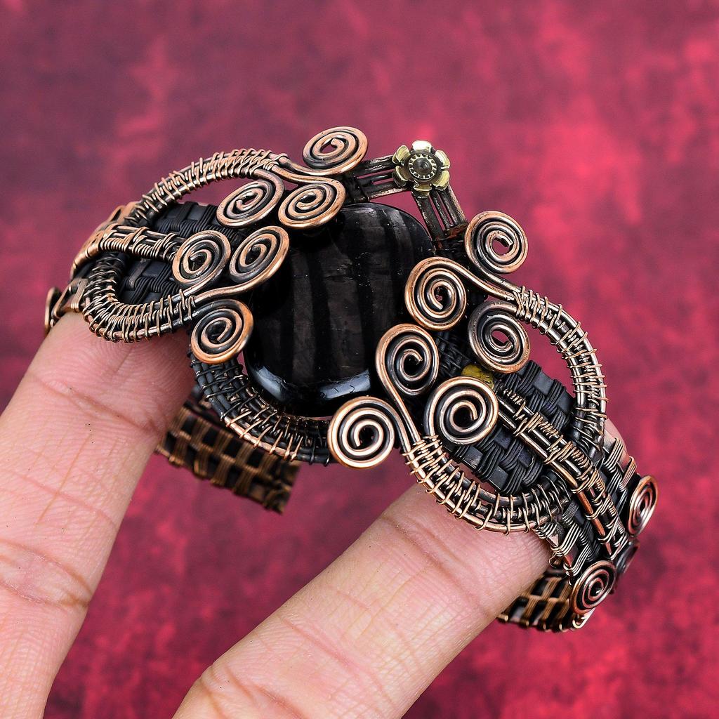 Hypersthene bangle copper wire wrapped adjustable cuff bracelet copper jewelry real gemstone handmade bangle wire wrap jewelry gifts for mom