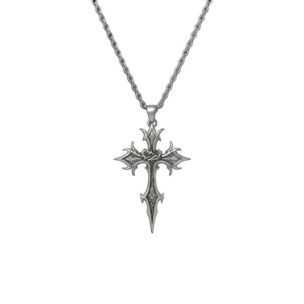 Personality Hip-Hop Thorn Rose Pattern Spiked Carved Cross Pendant Necklace for Women Gothic Comic Halloween Party Jewelry Gifts
