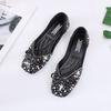 Single Shoes Women's Rhinestones 2025 Summer-autumn Korean Version of Internet Celebrity Bow Pumps Pearl Sleeves Flat Granny Shoes