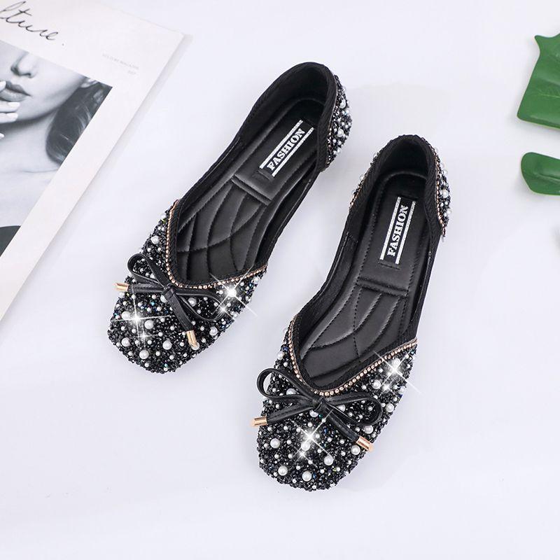 Single Shoes Women's Rhinestones 2025 Summer-autumn Korean Version of Internet Celebrity Bow Pumps Pearl Sleeves Flat Granny Shoes