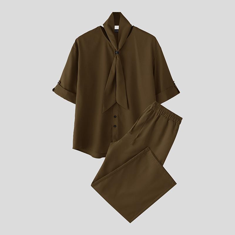 

INCERUN 2PCS Men Tie Up Short Sleeve Shirts And Elastic Waist Long Straight Pants Fashion Sets 4XL коричневый