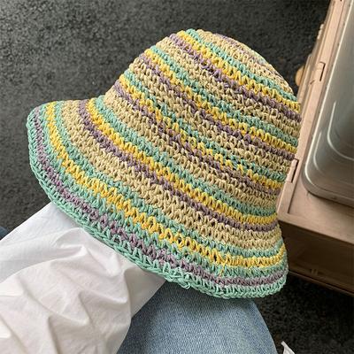 Straw Bucket Hat Women's Summer Breathable Bucket Hat Sunshade Sunscreen Seaside Straw Hat