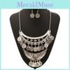 Antique Silver Coin Necklace With Multilayer Chain And Geometric Style