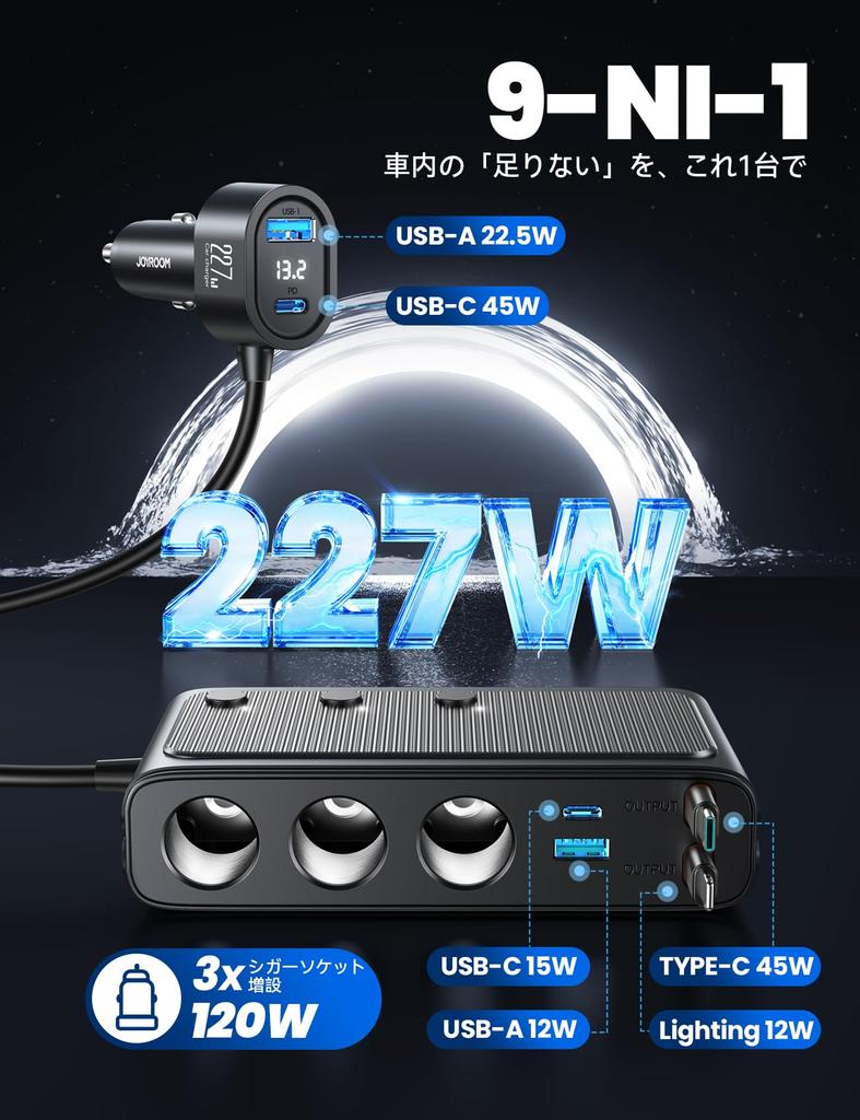 JOYROOM Retractable Cigarette Lighter Socket 9 in Retractable 80cm Cable PD45W Add-on, 3-way [2026 Model, 227W, 1] USB-C + USB-L