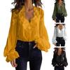 Women Shirt V-Neck Pleated Puff Long Sleeve Summer Shirt Embroidery Lace Splicing Loose Fit Shirt Tops Parties Travel Wear