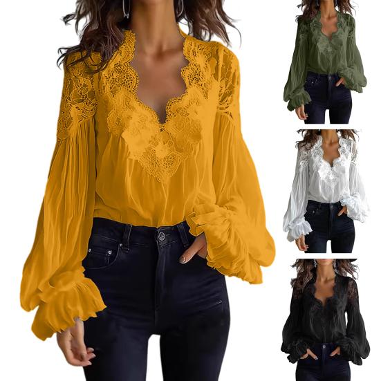Women Shirt V-Neck Pleated Puff Long Sleeve Summer Shirt Embroidery Lace Splicing Loose Fit Shirt Tops Parties Travel Wear