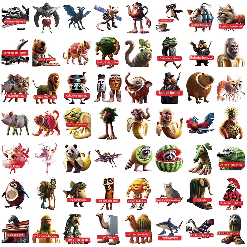 60PCS Italian Brainrot Abstract Animals Decals Tung Tung Tung Sahur Stickers Notebook Scrapbook Phone Cartoon Gifts Sticker