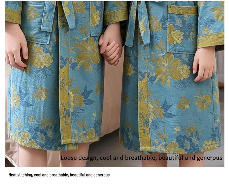 Children's Pure Cotton Double-Layer Gauze Jacquard Kimono Pajamas with Long Sleeves
