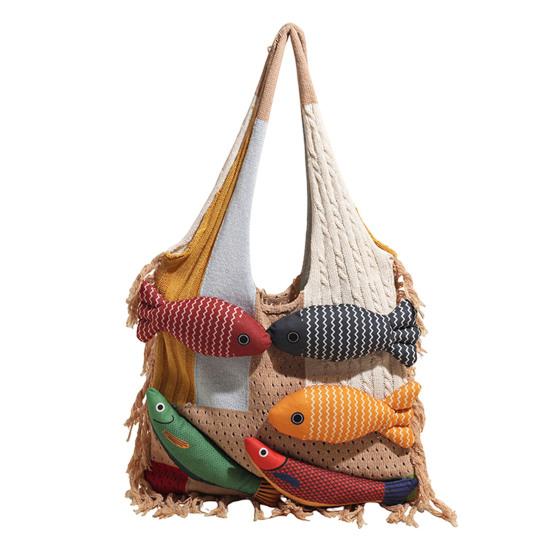 Borsa Grande Capacità Borsa a Shopper Lavorata a Maglia Pesce 3D, Borsa a Spalla Patchwork con Frange, Regalo Creativo per Donne Borsa Boho Colorata per il Pendolarismo Quotidiano