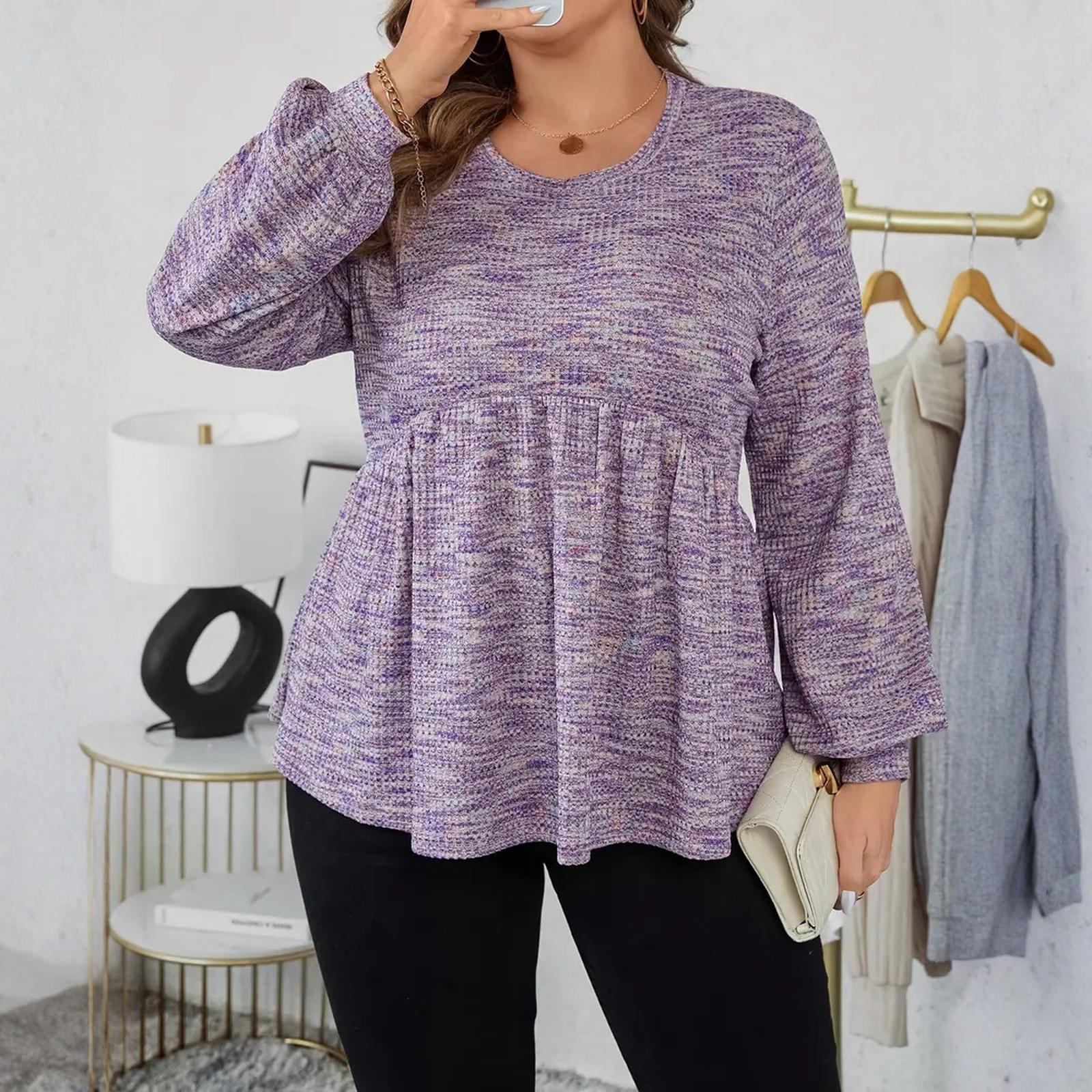 

Женская мода больших размеров, футболка-пуловер с круглым вырезом, однотонная, с длинными рукавами и оборкой по низу XXXXXL фиолетовый