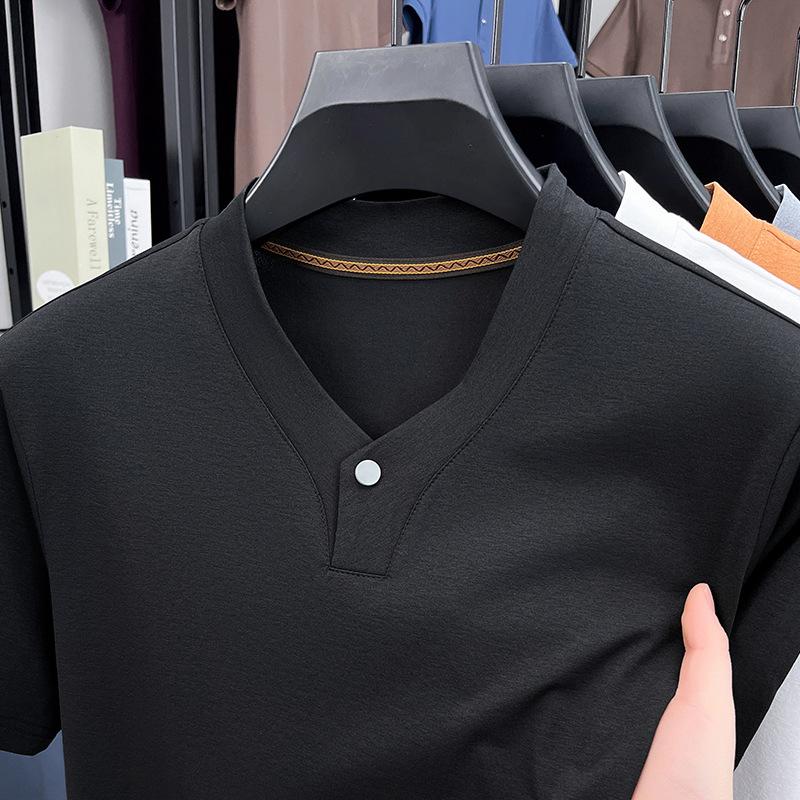 Youth Summer Short-Sleeve Single-Button T-Shirt: Lightweight, Moisture-Wicking, Breathable V-Neck Top S чёрный