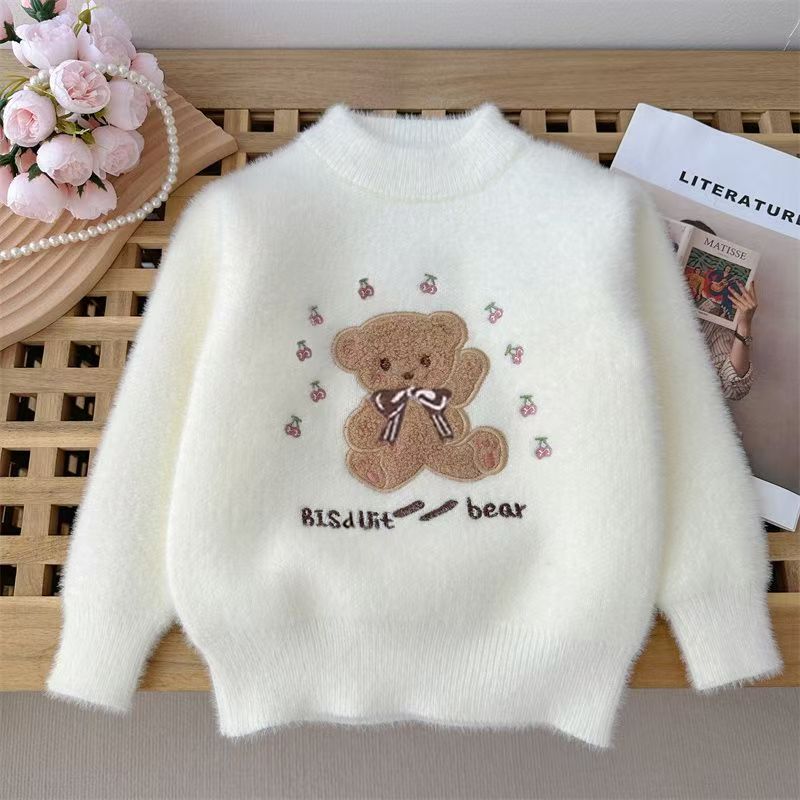 Autumn Winter Children's Sweater Pullover Girls' Round Neck Knitwear Mink Down Children's Long Sleeve Sweater