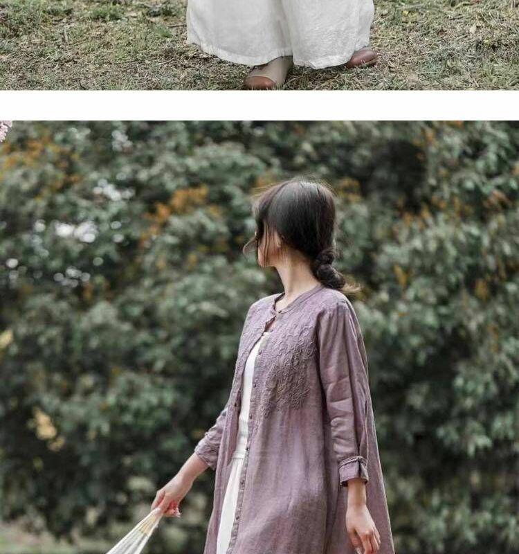 Women's 2024 Retro Embroidered Cotton Linen Stand Collar Mid-Length Shirt-Coat