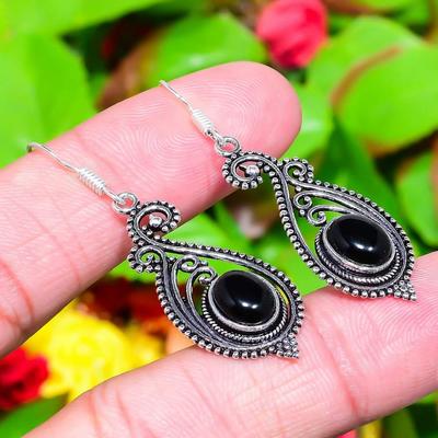 Φυσικός Μαύρος Όνυχας Πολύτιμος Λίθος Χειροποίητο 925 Ασήμι Στερλίνα Σκουλαρίκι 2.01" f0C15