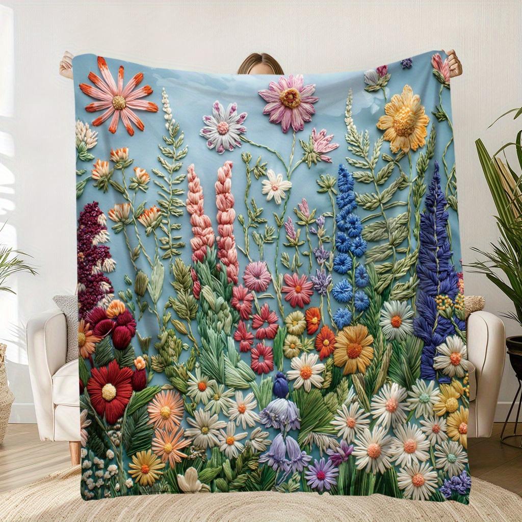 

[Embroidered Floral Blanket] Soft and Warm Embroidered Floral Blanket - Perfect for Napping, Camping, Traveling, and Home Decor 70x100cm
