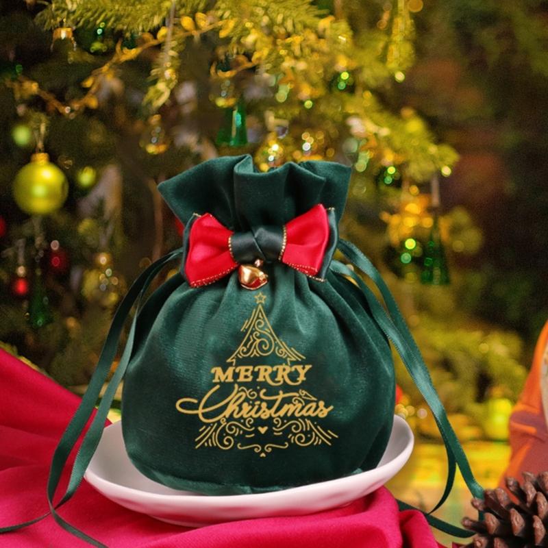 Reusable Holiday Velvets Treat Pouch Drawstring Gift Bag With Bowknot And Bell Christmas Party Decoration Accessories