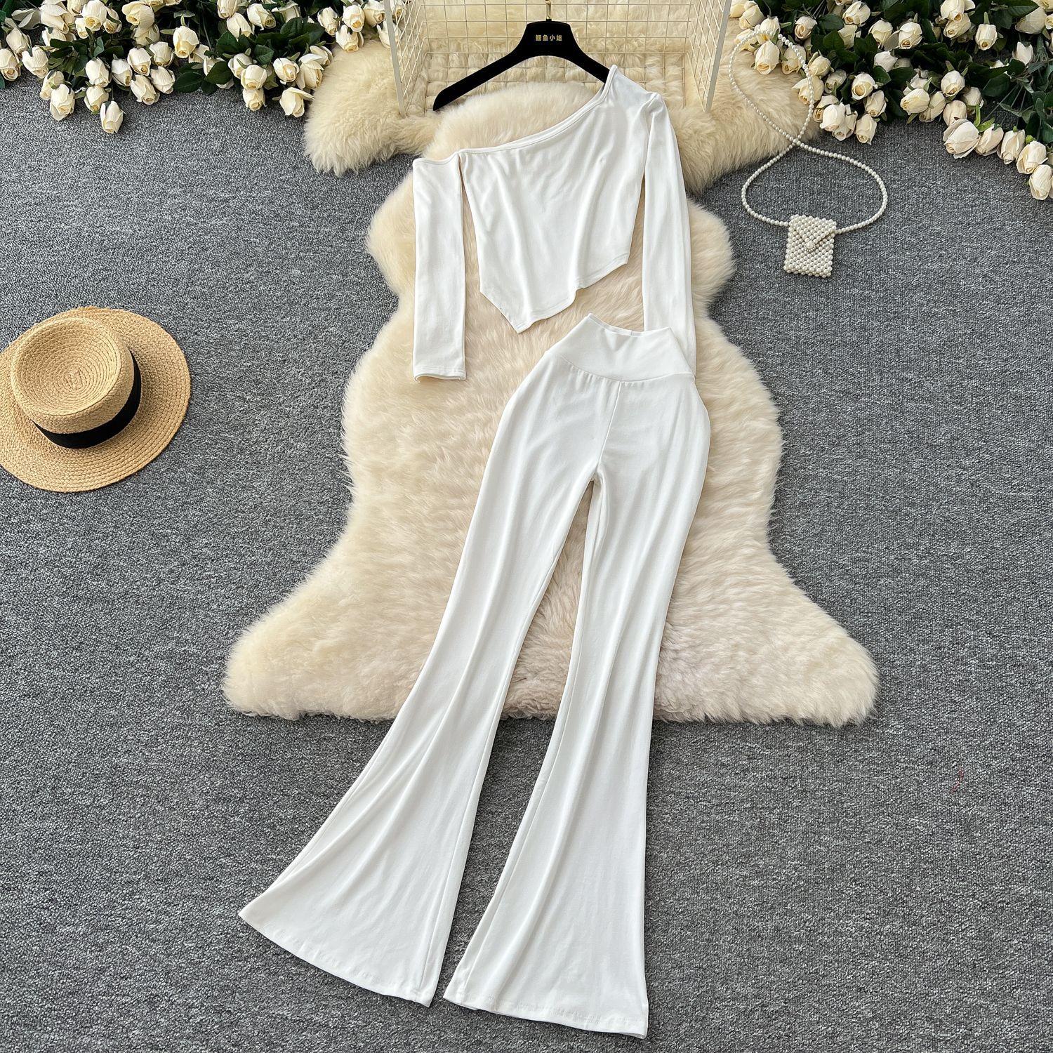 

Сексуальная косая горловина без бретелек длинный рукав асимметричная футболка топ женский высокая талия тонкий пакет бедра микро брюки костюм One size белый