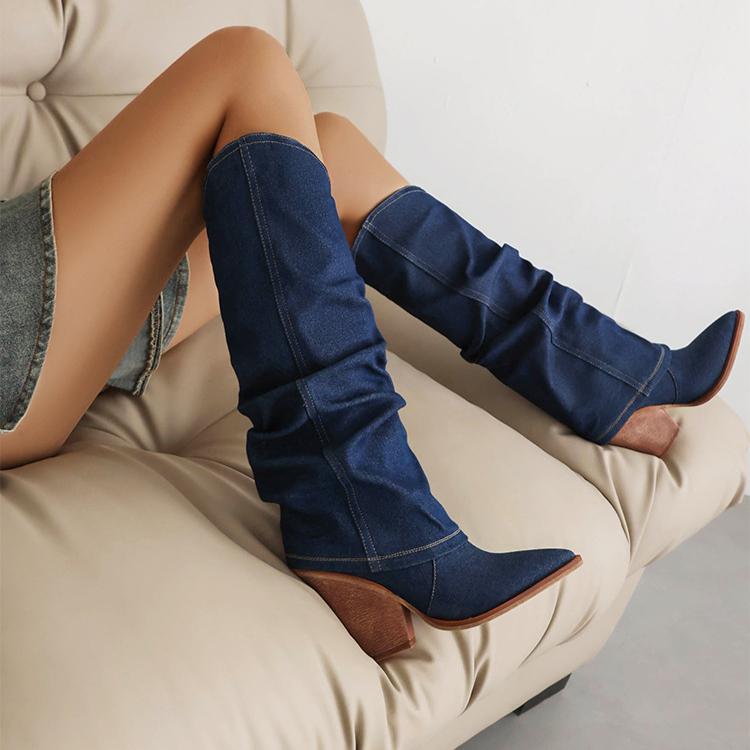 

Светло-голубые ботфорты до колена на наборном каблуке, узкие брюки, короткие, на среднем каблуке, ковбойский стиль, повседневные, универсальные женские ботинки 34 темно-синий