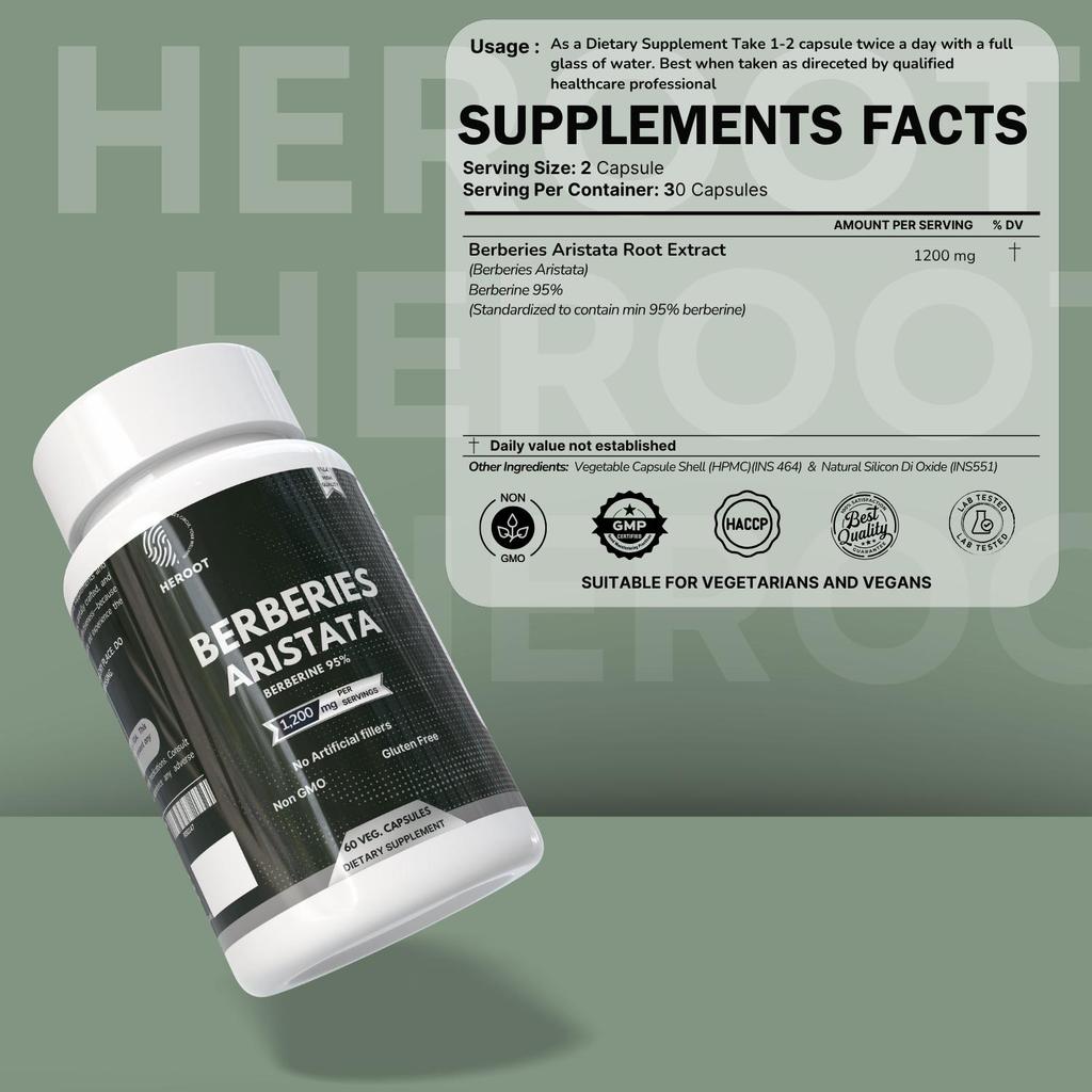 Organic Berberies Aristata Root 500 mg apoia a saúde do coração 60 cápsulas NÃO-OGM