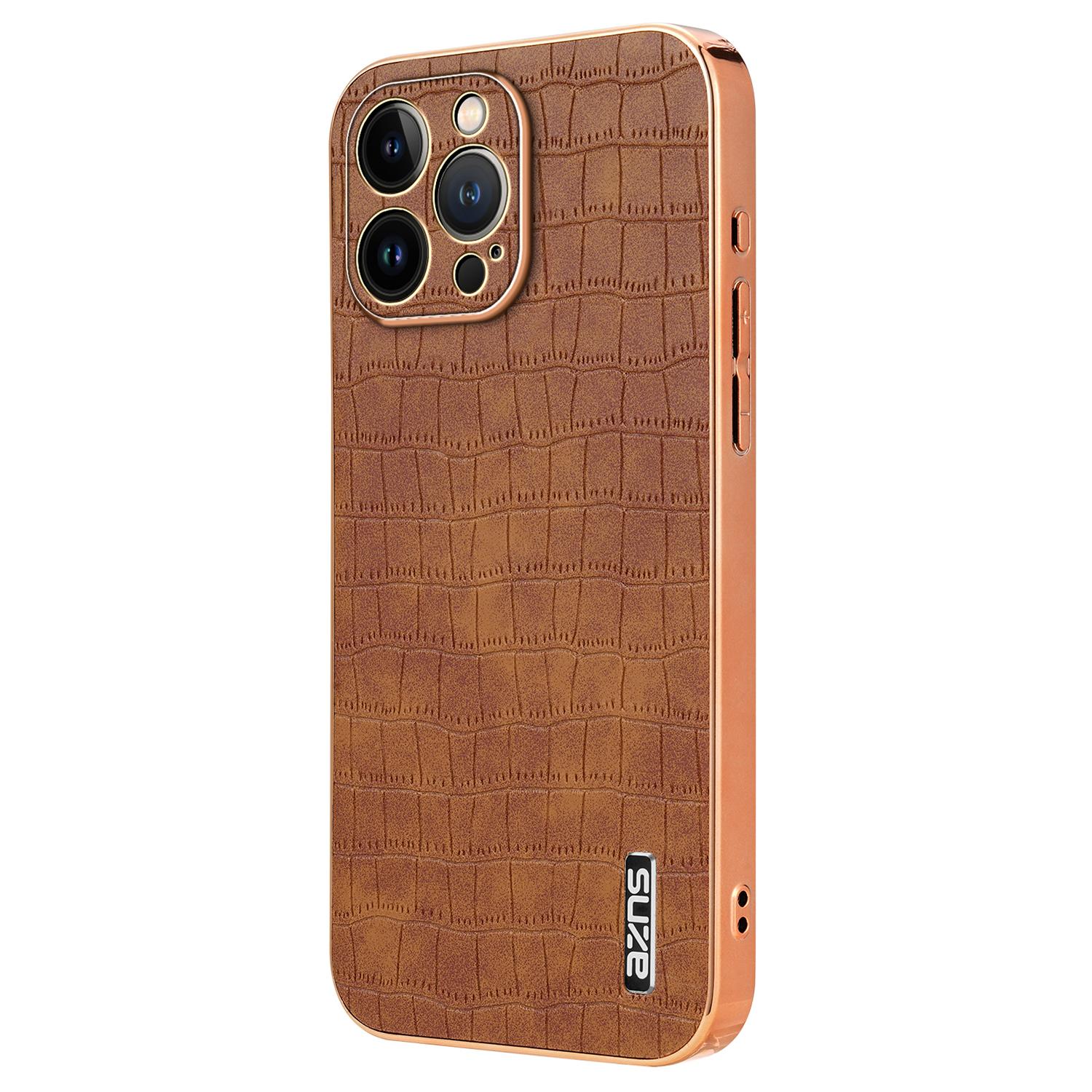 

For iPhone 14 Pro Max Case Crocodile Texture Leather+TPU Anti-Scratch Phone Cover Brown