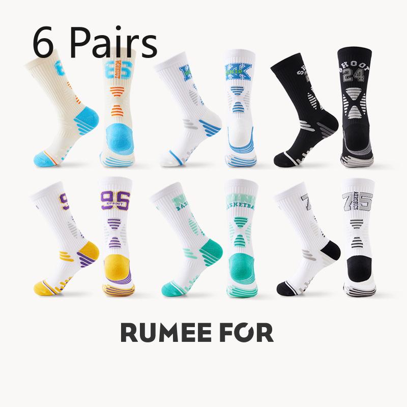 6 Pairs of Men's Thick Towel Bottom Running Basketball High Socks