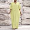 VONDA Women O Neck Half Sleeve Solid Color Casual Loose Baggy Maxi Dress Robes
