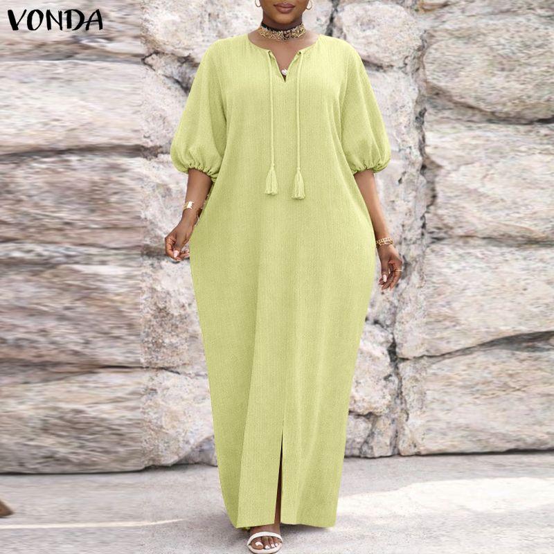 VONDA Women O Neck Half Sleeve Solid Color Casual Loose Baggy Maxi Dress Robes