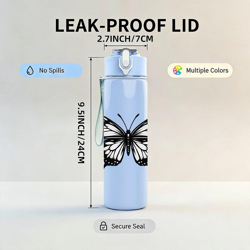 1PC Classic Black Butterfly Print 750ml Color Plastic Sports Water Bottle Leakproof Flip Straw Lid Suitable for Sports Office Home Use