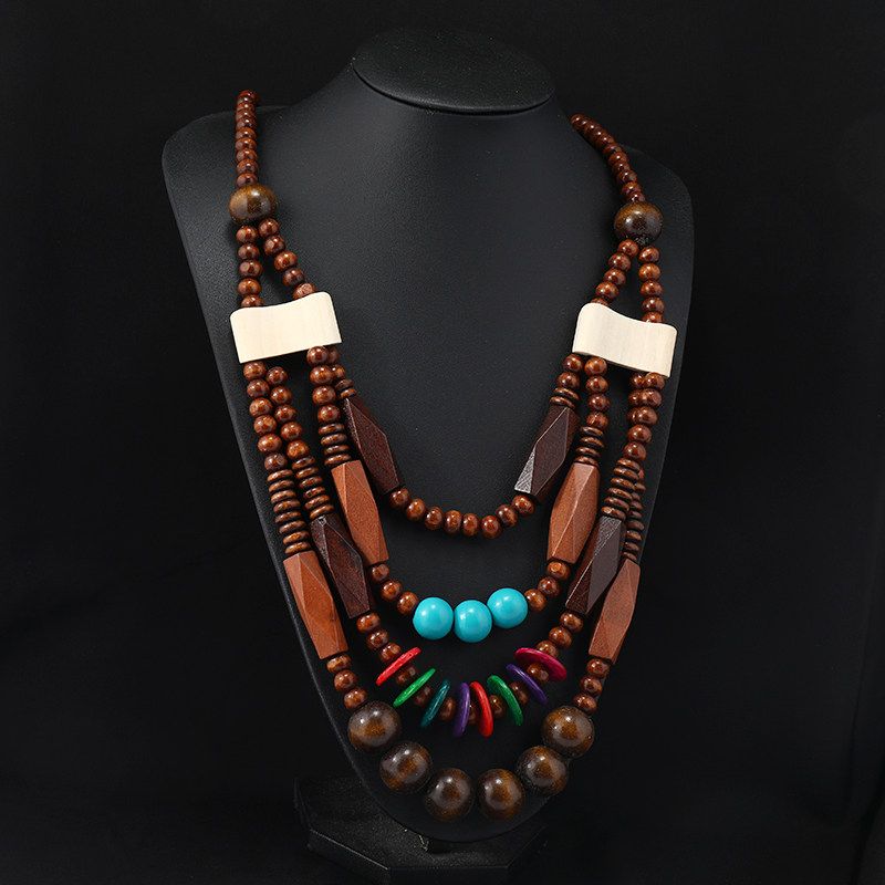 Retro Ethnic Style Wooden Necklace Fashion Style Bohemia Long Stylish Multi-Layer Sweater Chain Performance Accessories Women