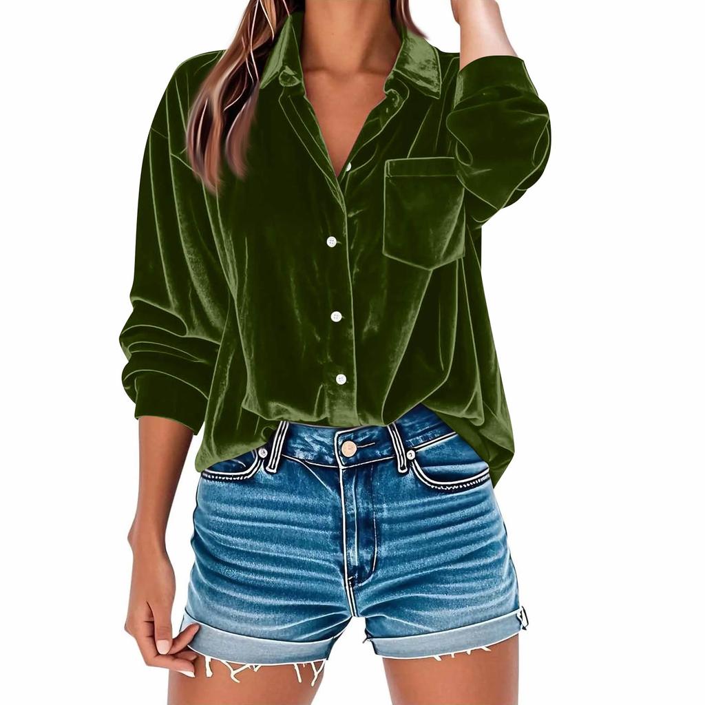 Damers Moderiktiga Lediga Långärmade Kragförsedda Sammet Med Fickor