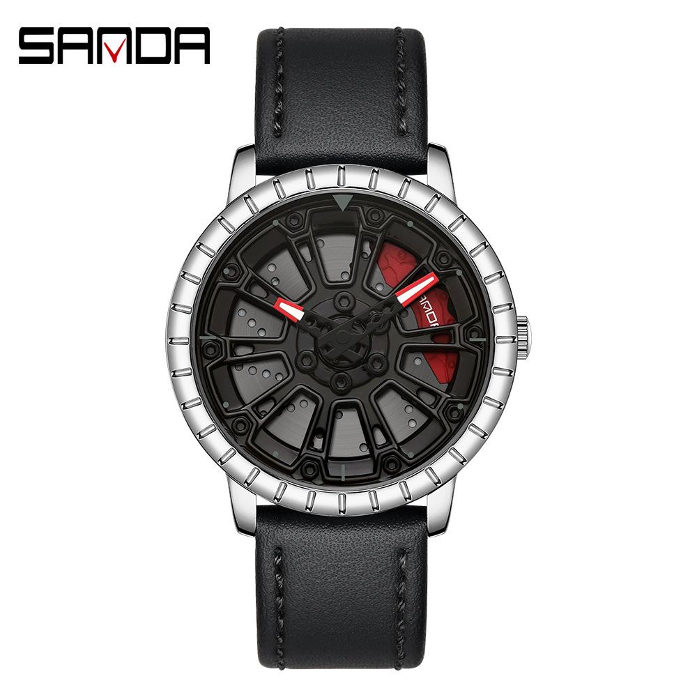 Sanda Cool Wheel Men's Skeleton Dial Leather Strap Waterproof Quartz Watch
