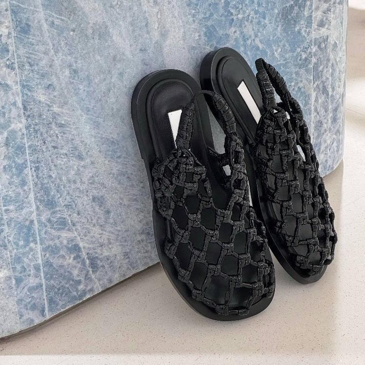 

Cowhide version~ mesh hollow breathable sandals fishing net woven bag head back strap half slippers flat Roman sandals 40 чёрный