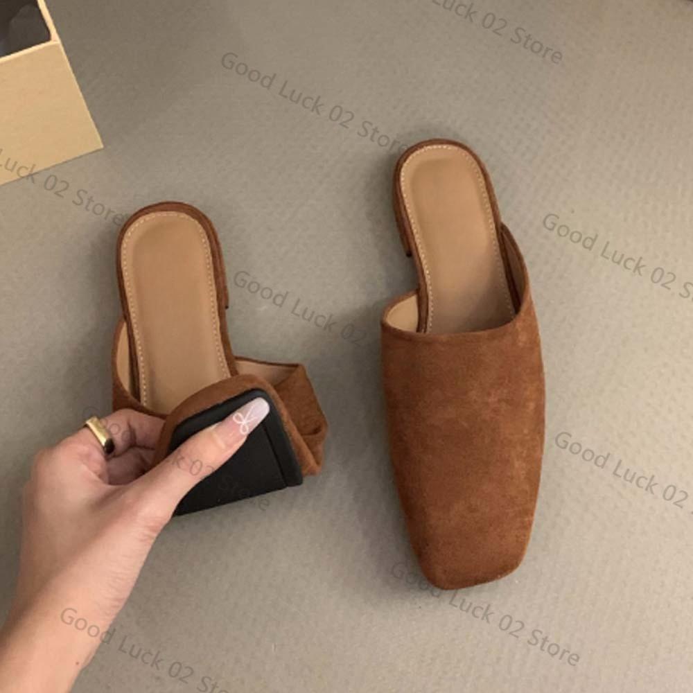 Fashion 2025 New Summer Suede Low Heels Slippers Women Square Toe Leather Casual Slippers Female Daily Walk Slippers Mules Sandals