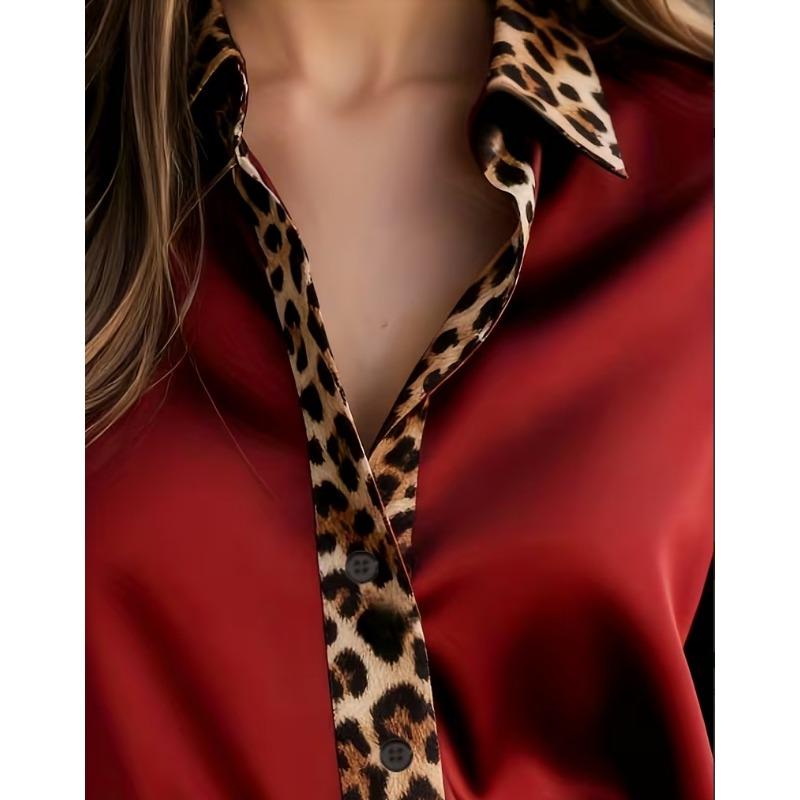 New Women's Leopard Print Long Sleeve Office Shirt Spring Autumn Lapel Casual Loose Blouse Simple Satin Elegant Solid Color Top Clothing