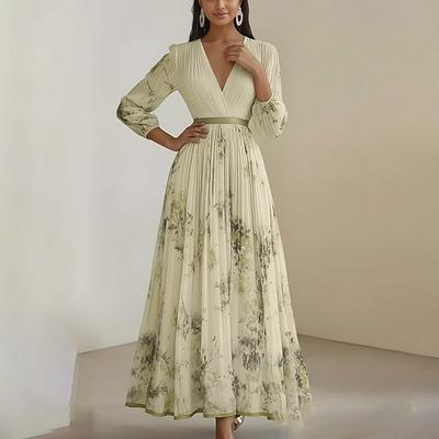 Abito Midi Stampato a Maniche Lunghe Stile Europeo Donna Scollo a V Profondo Elegante Abito Lungo per Vacanza Festa in Spiaggia
