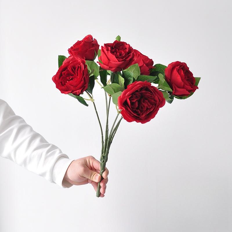 

2pcs Artificial 5-heads Roses Bouquet Silk Fake Flowers Hotel Decorative White Austin Rose Simulation Flower Lobby Decoration червоний