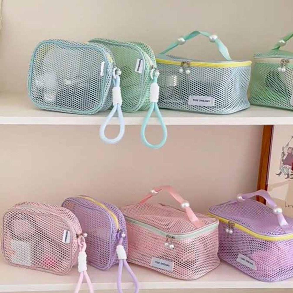 Solid Color Mesh Cosmetic Bag Zipper Large Capacity Transparent Makeup Bag Toiletry Bag Storage Bag Pillow Makeup Pouch Outdoor