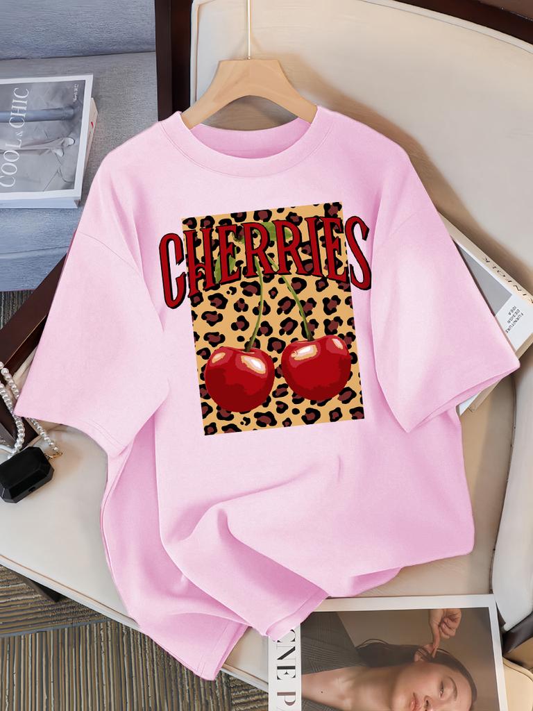 Leopard Cherry Creative Design Womens Tee Shirts Cotton Casual T Shirt Summer O-Neck Streetwear Soft Oversized Short Sleeve