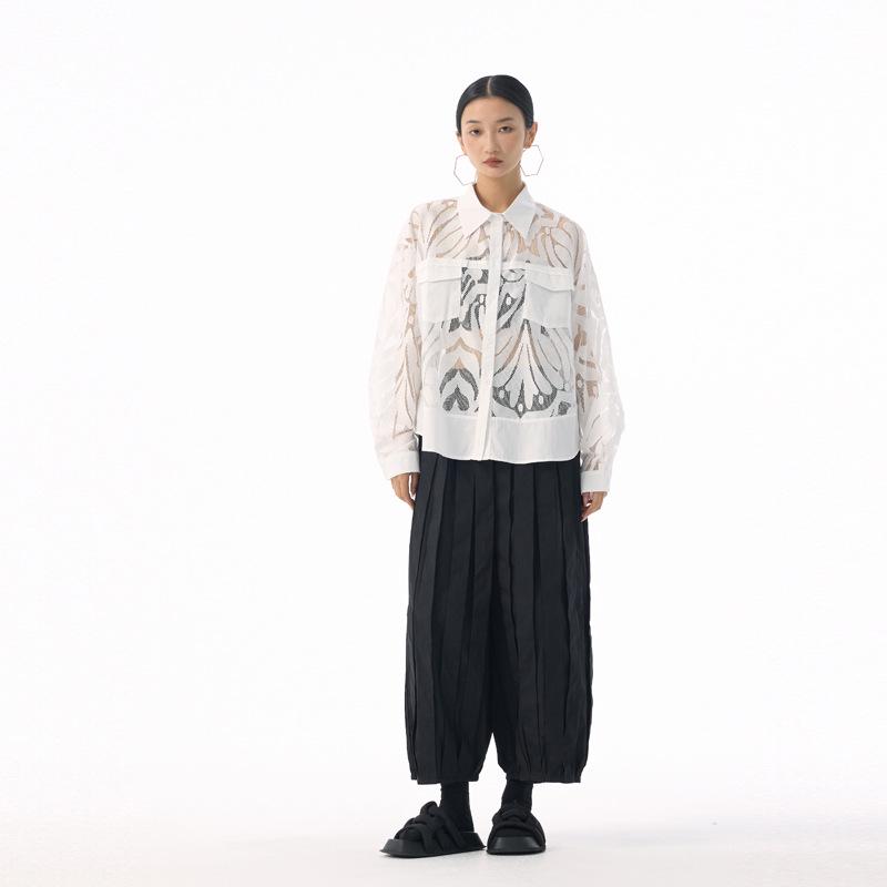 2025 Retro Jacquard Lace Lightweight Luxury Shirt - Spring/Autumn Loose, Versatile See-Through Top