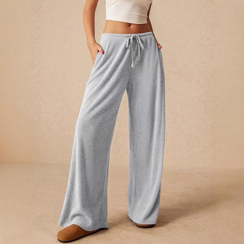 Women Comfortable Casual Drapery Bandage High-Waisted Solid Color Loose Fit Wide Leg Pants