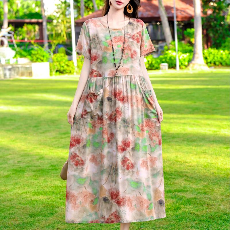 Vintage Print Lange Jurken voor Vrouwen Plus Size Korte Mouw Casual Zomerjurk Elegante Middelbare Leeftijd Dameskleding
