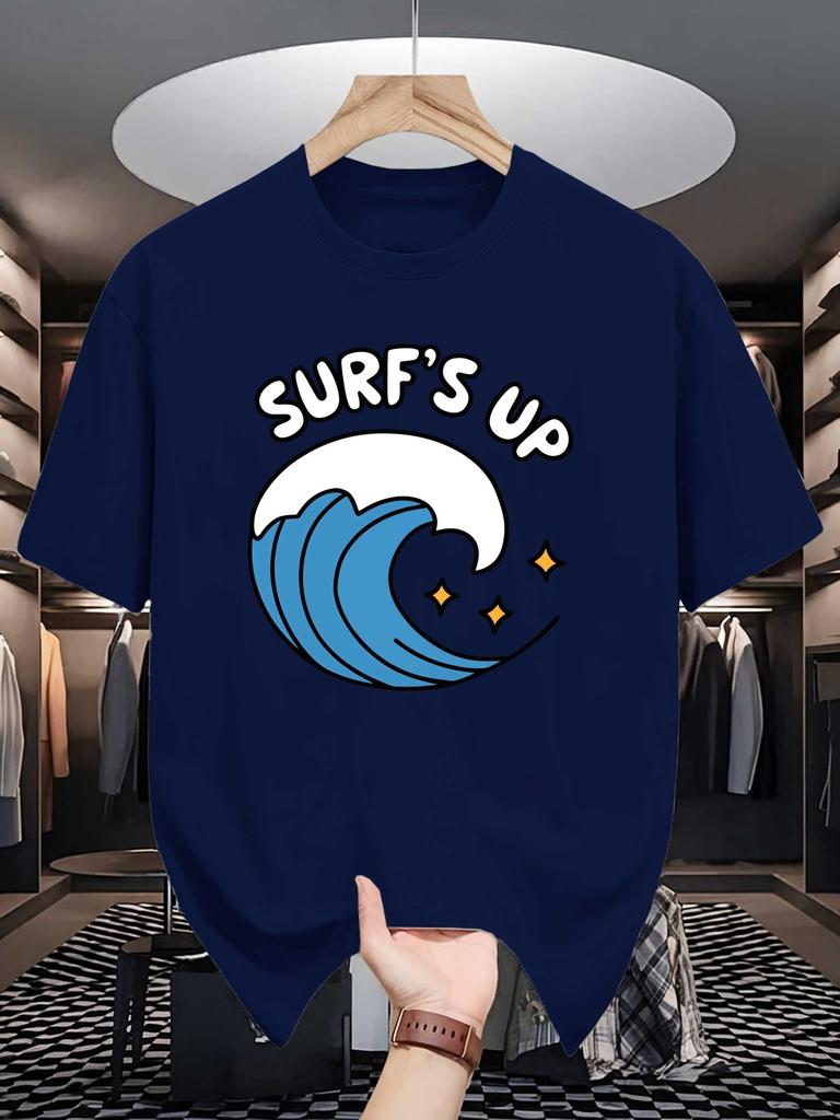 Unisex Crew Neck Tee Surf S Up Ocean Wave Cartoon Graphic Print Soft Cotton Loose Short Sleeve Summer Casual Male Streetwear Tops
