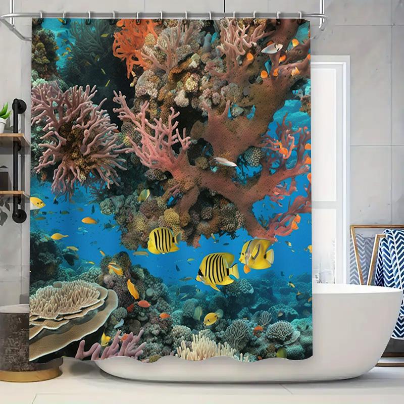 

Underwater World Coral Fish Curtain Shower Curtain Bath Mat Home Decoration Waterproof Bathroom Decorations Blue Stripe Striped 90x180cm