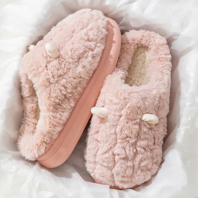 Boa Volume Flat Slippers with Ears, Women's Shoes, Shoes, Slippers, Spring, Autumn, Winter, Cold Protection, Warm, Fluffy, Fluffy, Cold Prevention,