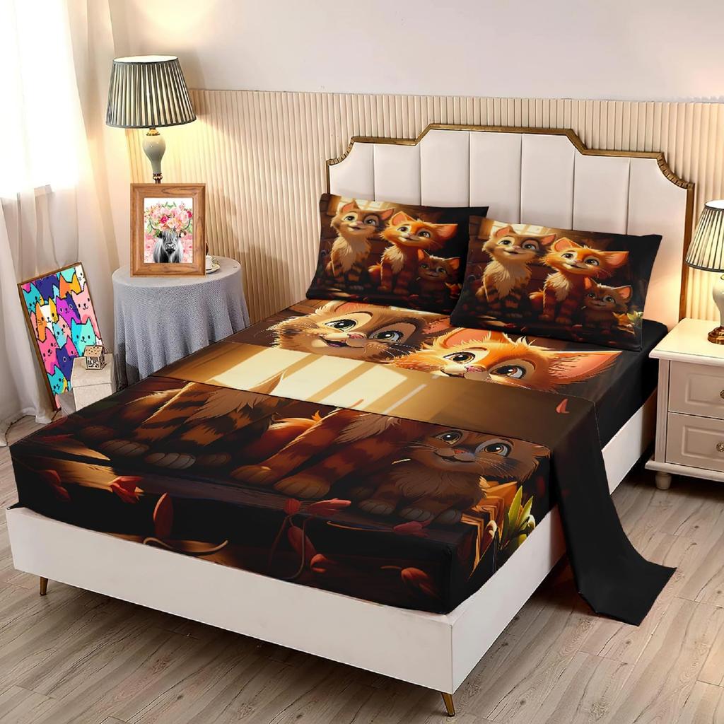 Cute cartoon cat family pattern mattress four-piece bedding set bedroom dormitory bedding set