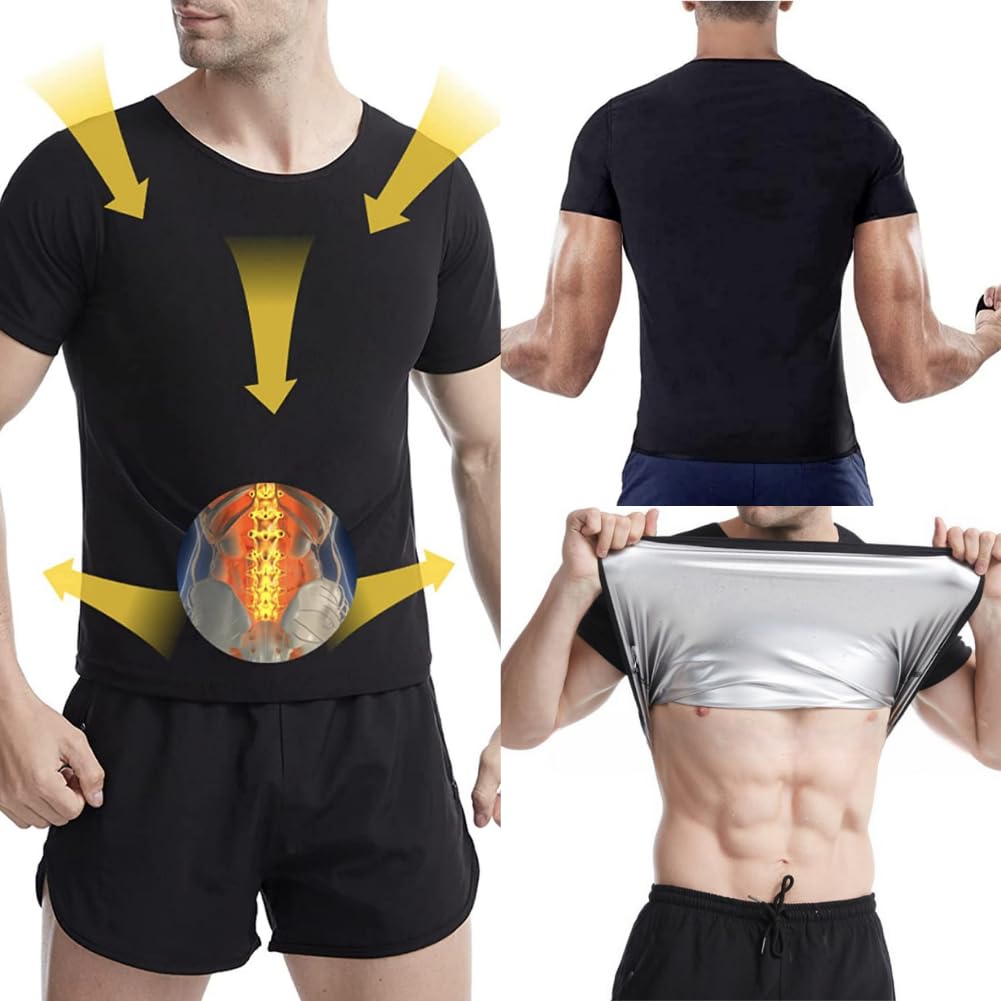 PLEAVIT Men's Short Sleeve Sauna Suit, Sweat-Reducing T-Shirt, Innerwear for Running, Washable (L/XL, Silver)