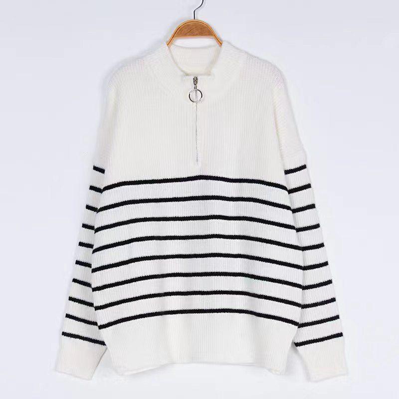 

Fashion Style Stripes Color Matching Sweater Zipper Knitwear Striped Zipper Knitted Sweater Beige XL