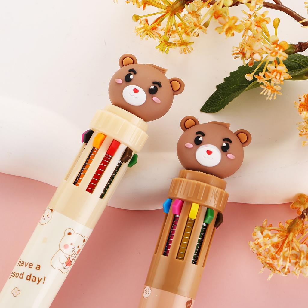 1 Pc Little Bear Ten Color Ballpoint Pen Fluent Writing Suitable for Office Work, Brushing Questions, Signing Writing, Diaries, Notes, Student Class